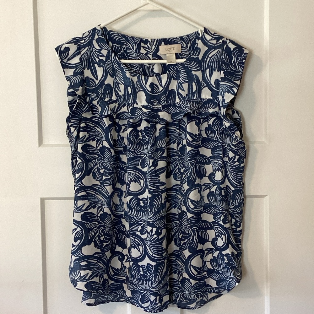 LOFT Navy and White Patterned Blouse